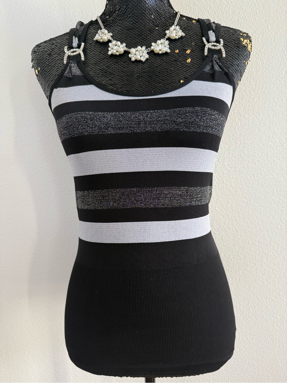 Soho Lady Y2K Black & Silver Striped Sleeveless Tank Top Size One Size